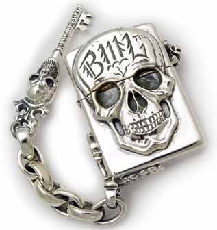 SCL Skull (Silver Zippo) w/Chain Links, Skull Key & Key Corner