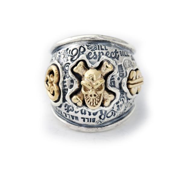 Graffiti Dome Ring with "SKULL & CROSSBONES" Top "HEART & $" Tag